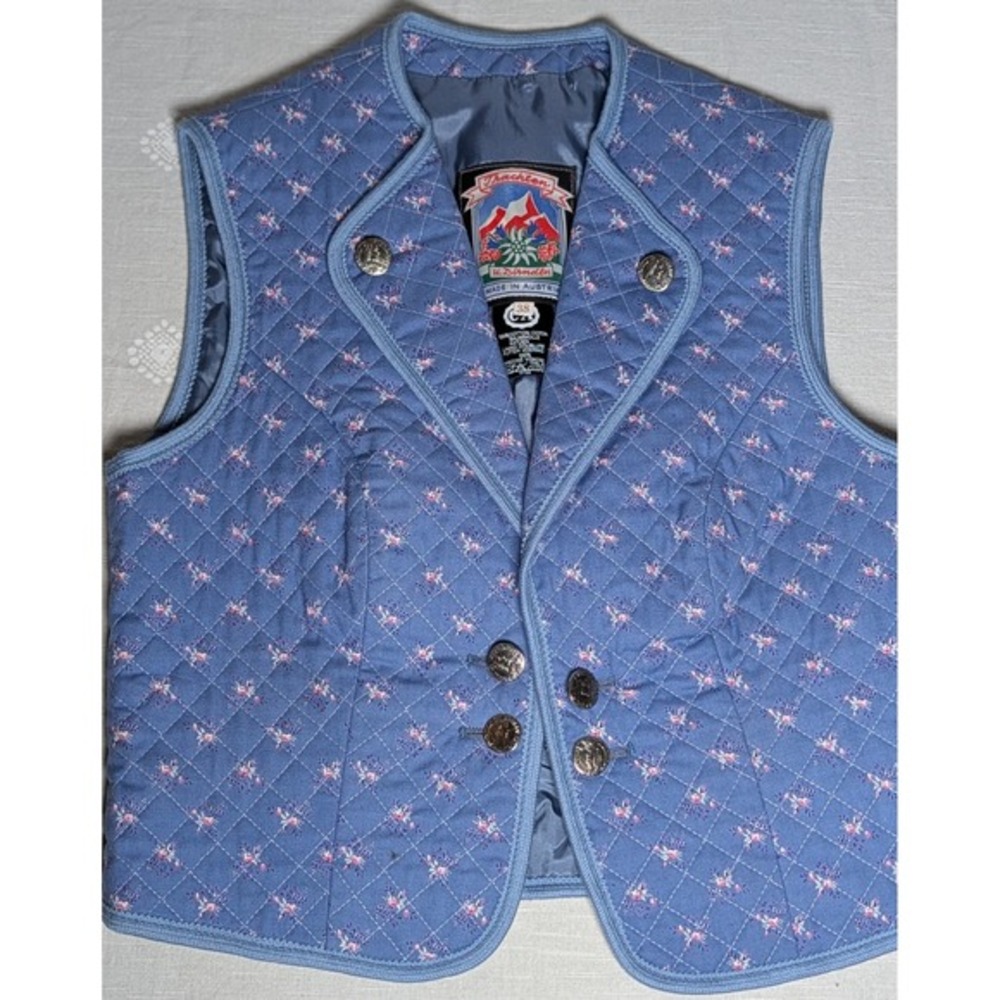 Vintage Trachten U. Dimmler Austrian‎ Quilted Vest Womens Size 38 Blue Floral